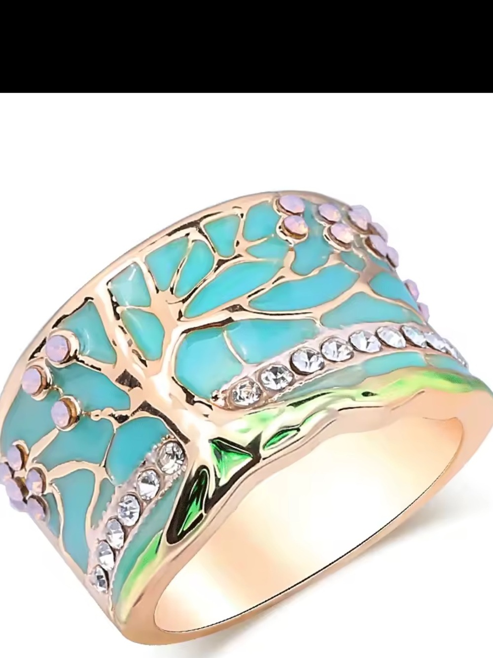 Gold-Tone Turquoise Enamel Tree of Life Ring with Crystals